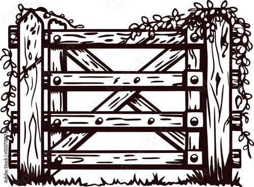 Rustic wooden gate with climbing vines on a farm landscape