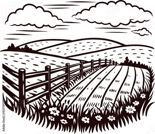 Scenic countryside landscape with rolling hills, fields, and clouds in black and white