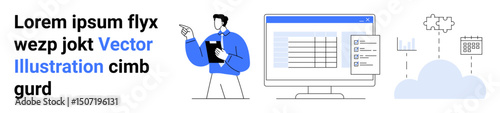 Person holding clipboard pointing at data table on monitor, cloud connections, document icons. Ideal for data management, business analytics, cloud computing, organization, remote work, digital