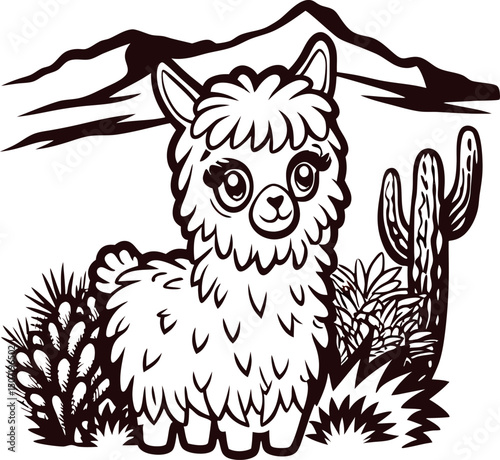 Adorable llama in desert landscape with cacti and mountains silhouette