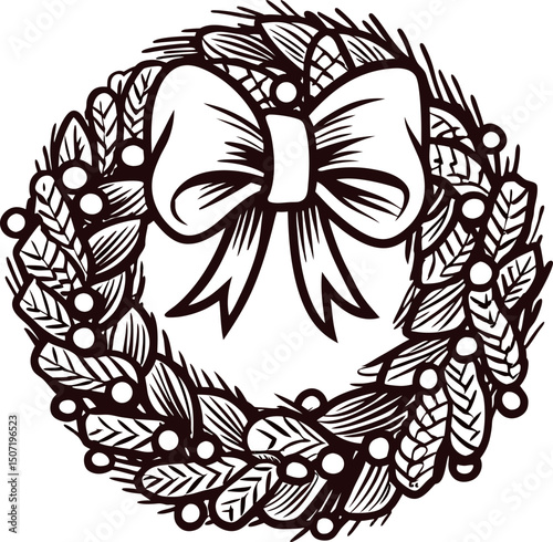 Festive wreath with a ribbon bow and holly berries in a black and white design