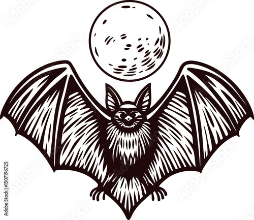 of a bat flying under full moon in night sky with wide wings spread
