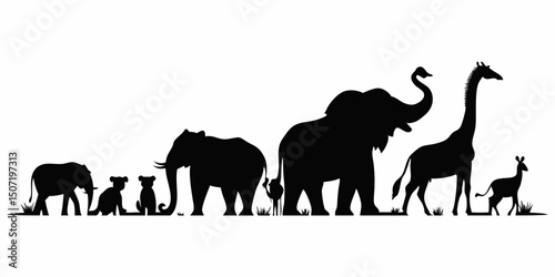 Silhouette of African wildlife family: elephants, lions, giraffes, and other animals