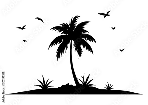Silhouette of a palm tree on a small island with birds flying around it