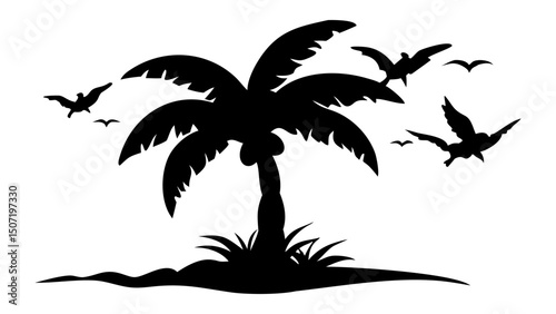 Silhouette of a palm tree on a small island with birds flying around it, a classic tropical scene, evocative of relaxation and vacation