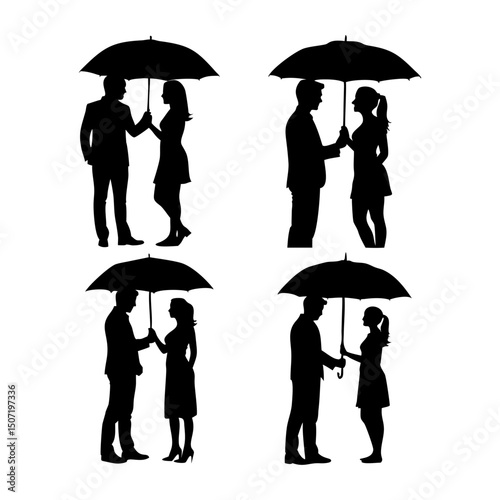 Silhouettes of couples sharing an umbrella, showcasing romantic intimacy and togetherness under the rain.