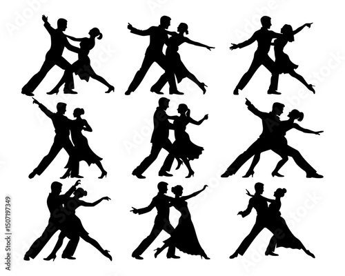 Silhouettes of Ballroom Dance Couples in Various Poses and Steps