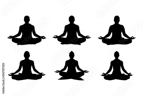 Six Silhouettes of Individuals in Seated Meditation Poses, Displaying Variations in Posture and Clothing
