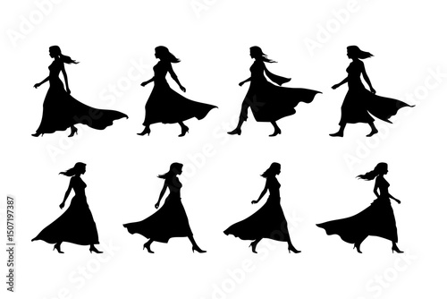 A series of silhouette illustrations depicting a woman walking, showcasing the graceful flow of her dress in various stages of movement.
