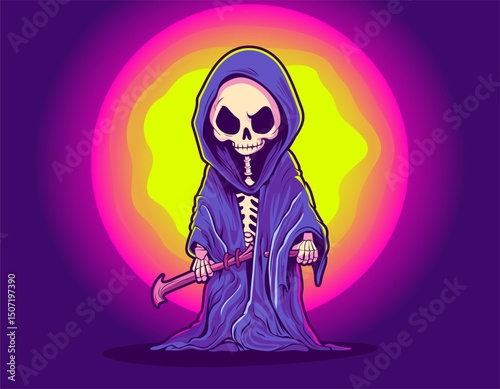 Halloween Cartoon Character. Cute Grim Reaper. Halloween Vector Design Element for banner, poster, flyer. Halloween Grim Reaper Clipart. Grim reaper illustration. Death symbol. Cartoon skeleton
