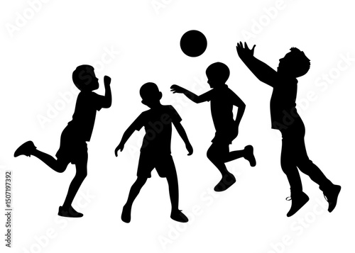 Silhouettes of four children playfully interacting with a ball, showcasing energetic movement and joyful interaction.