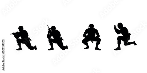 Detailed crouching army figure silhouette, representing discipline, cover tactics, and battlefield realism. Perfect for use in tactical branding or war-themed art.