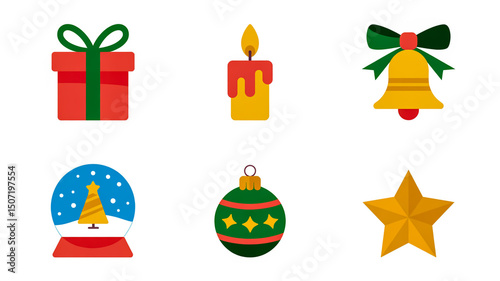 Christmas icons vector graphic elements of gift candle bell snow globe ornament and star for holiday design