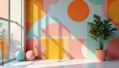 Abstract geometric shapes repeat in a calming, minimalist interior design pattern , shape, tile, design element