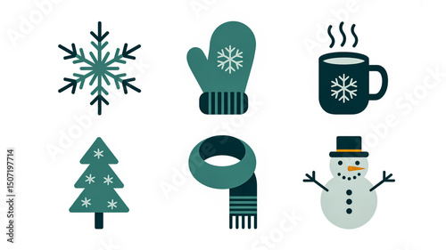 Winter holiday season vector icons illustration snowflake snowman tree mitten scarf and mug design