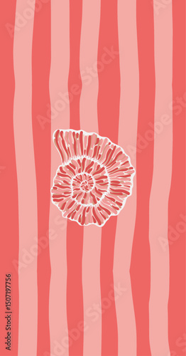 Abstract illustration of a pink seashell on a striped coral design, creating a modern marine-inspired aesthetic