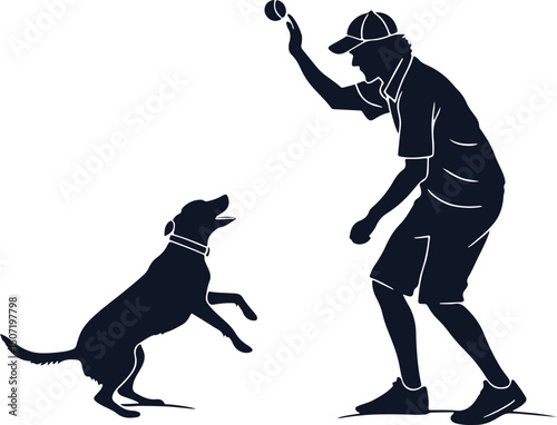 Silhouette vector of dog playing fetch with owner on beach during summer vacation, clean and minimal black on white design perfect for pet-friendly t-shirt and poster art

