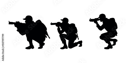 Detailed crouching army figure silhouette, representing discipline, cover tactics, and battlefield realism. Perfect for use in tactical branding or war-themed art.