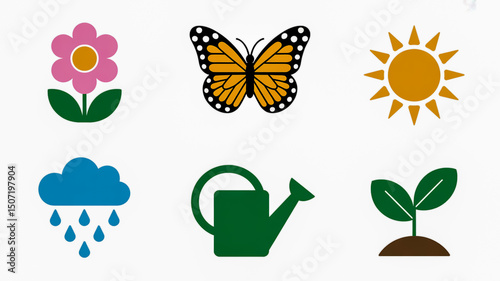 Illustration of nature elements flower butterfly sun cloud rain watering can and plant growth