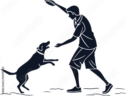 Silhouette vector of dog playing fetch with owner on beach during summer vacation, clean and minimal black on white design perfect for pet-friendly t-shirt and poster art


