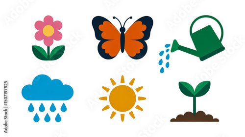 Spring garden elements flower butterfly sun rain cloud watering can, and plant vector illustration icon set