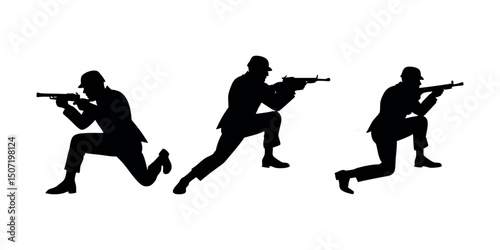Detailed crouching army figure silhouette, representing discipline, cover tactics, and battlefield realism. Perfect for use in tactical branding or war-themed art.