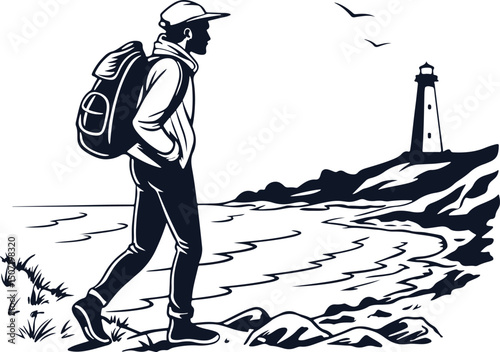 Silhouette vector of solo traveler with backpack enjoying ocean view in summer vacation, minimal beach scene, black on white, perfect for t-shirt, poster, adventure design

