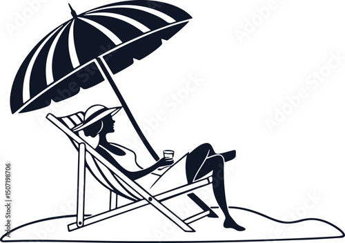 Silhouette of woman relaxing on beach lounger under umbrella in summer vacation scene, clean and minimal black on white vector perfect for poster, apparel, tropical design

