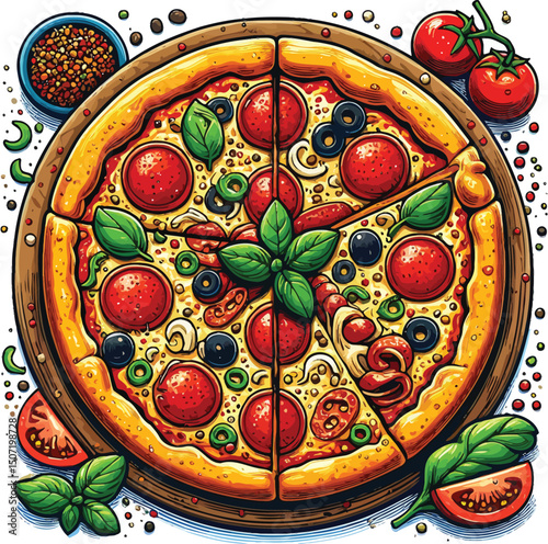 Delicious Cartoon Pizza Vector Illustration with Toppings and Herbs – Hand-Drawn Style