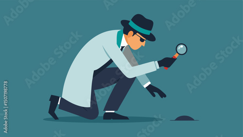 Analyzing a Weapon The investigator is seen carefully examining a weapon on the ground using gloves and a handheld magnifying lens to inspect it.