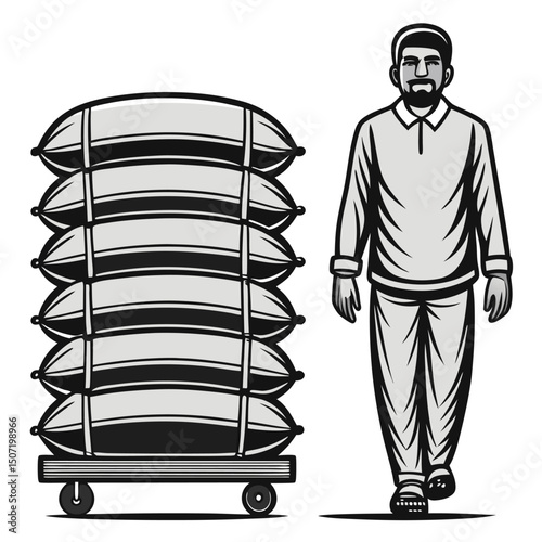 Monochrome cartoon illustration depicting a man and a stack of sacks on a cart.