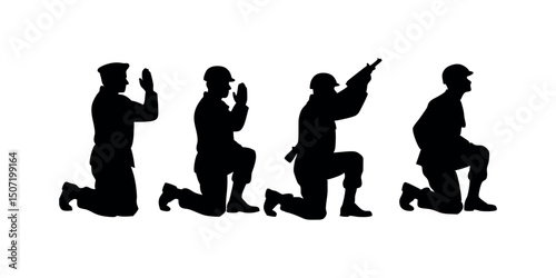 Detailed crouching army figure silhouette, representing discipline, cover tactics, and battlefield realism. Perfect for use in tactical branding or war-themed art.