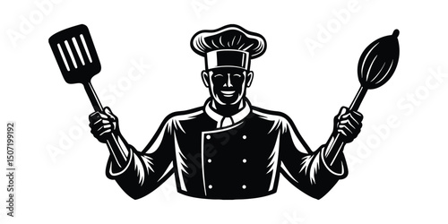 Chef silhouette with fork and spatula on white background