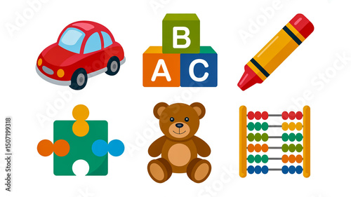 Vector illustration of various children's toys car blocks crayon puzzle teddy abacus for kids