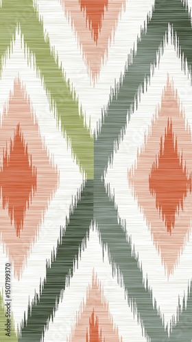 Ikat pattern with earthy geometric design Colorful geometric pattern featuring diamonds in earthy tones and modern design for creative projects.