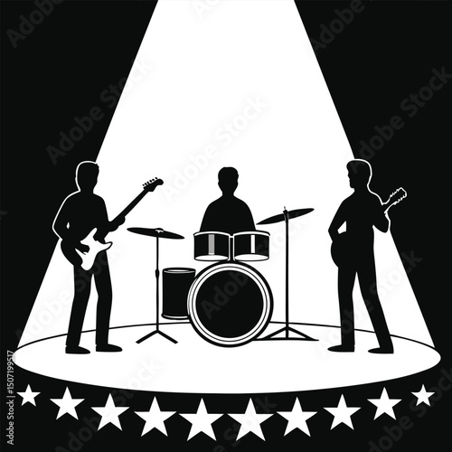 Rock band performing on stage silhouette with spotlights and stars in black and white.