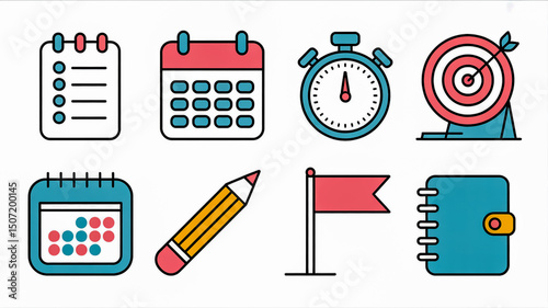 Vector graphic illustration of planning tools for productivity time management and goal setting icon set