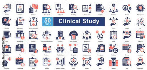 Clinical Study icon set in mixed style, featuring 50 icons on clinical trials, research protocols, data analysis, and patient monitoring. Ideal for medical research, healthcare, and pharmaceuti	
