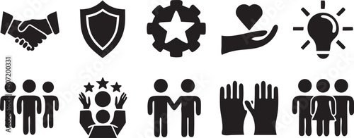 Core values organizational principles solid black icon set modern