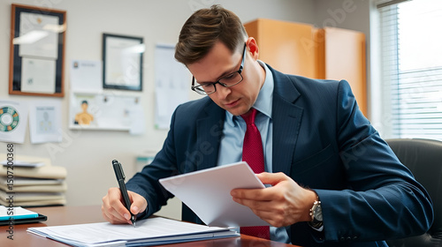 A criminal investigator preparing a search warrant in an office. Featuring legal procedure and evidence preparation