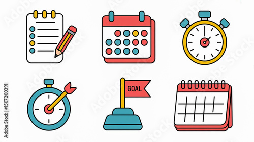 Planning and scheduling icons set for time management productivity and goal setting vector illustration