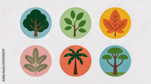 Tree species identification guide with leaf types and tree silhouettes for educational purposes