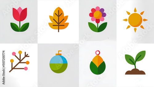 Vector seasonal icon set featuring spring flowers summer sun autumn leaves and winter berries design