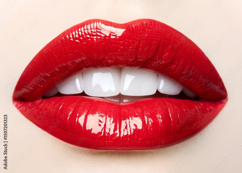 Fototapeta premium Sexy female lips with dripping red lip gloss and white teeth on an isolated white background