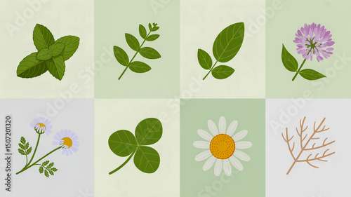 Botanical illustration of herbs and flowers mint chamomile clover leaves floral design elements vector art