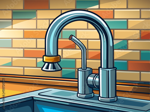 A professional vector of a modern kitchen faucet with curved spout and clean design, placed alone