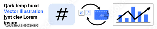 Blue metadata tag, exchange arrows with wallet, analytics graph, and text elements. Ideal for social media, analytics, finance, technology, communication data sharing or simple landing page