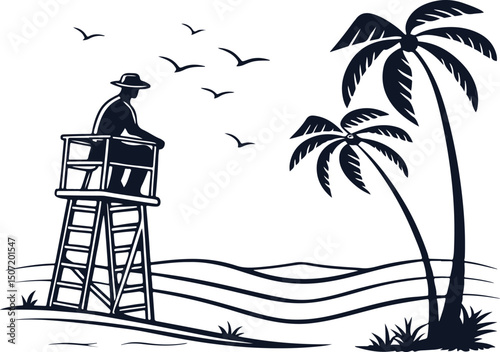 Silhouette of lifeguard sitting on tall chair watching waves at the beach, minimal black on white summer vacation scene perfect for t-shirt, safety design, beach art poster

