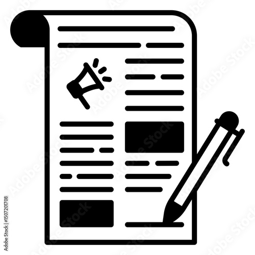Newspaper Article Illustration with Pen and Megaphone Icon