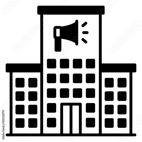 Corporate Communication Icon: Building with Megaphone Sign